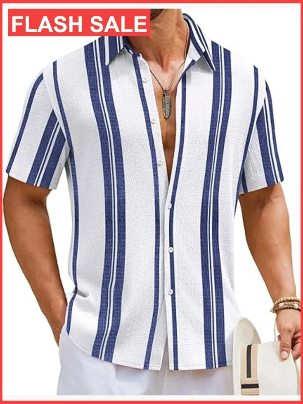Mens Short Sleeve Button Down Striped Summer Shirt Textured Casual